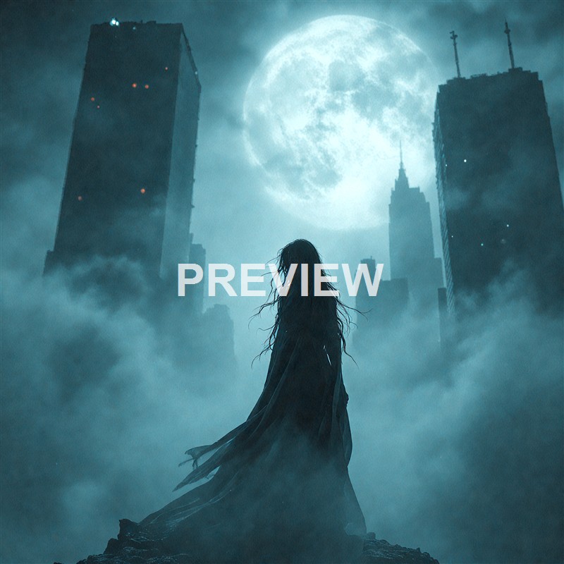 A dark, mysterious scene featuring a woman with long, flowing hair standing on a rocky surface, surrounded by fog and tall skyscrapers under a large, bright full moon in a cityscape.